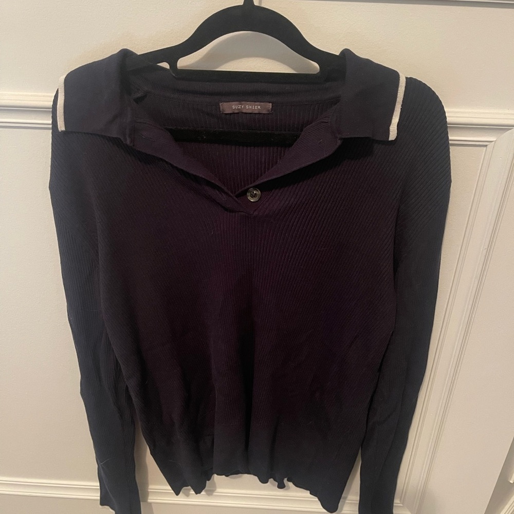 Blue with white trim ribbed long sleeve sweater